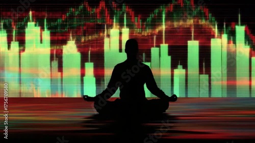 Mindful Markets: A contemplative silhouette sits in lotus position before a backdrop of dynamic financial data, symbolizing inner peace amidst the whirlwind of global markets and financial investment.