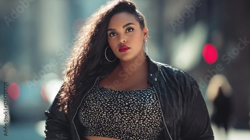Urban Elegance: A confident woman exudes style and poise as she strides through a bustling city street, the urban backdrop amplifying her sophisticated presence.