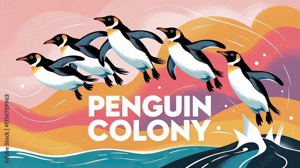 Naklejka premium Penguins Flying Over Colorful Landscape with Abstract Background
