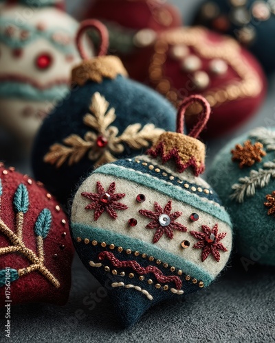 Handmade Embroidered Christmas Ornaments in Festive Colors