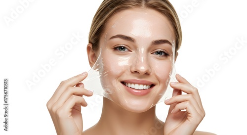Smiling Woman Peeling Off a Clear Face Mask for Radiant Skin