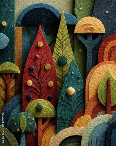 Colorful Abstract Landscape with Stylized Trees and Nature Elements