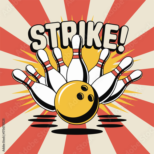 Retro style bowling strike with pins and ball on sunburst background