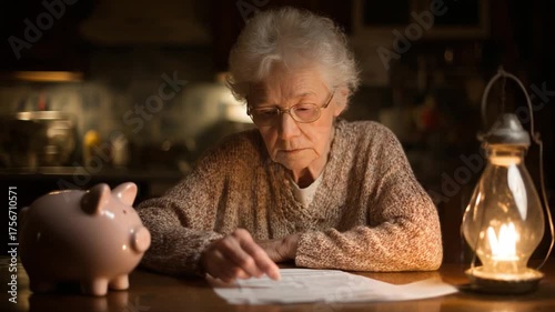 Financial Concerns: A senior woman, illuminated by the soft glow of a lantern, meticulously reviews her financial documents next to a piggy bank, symbolizing her worries about security and future.