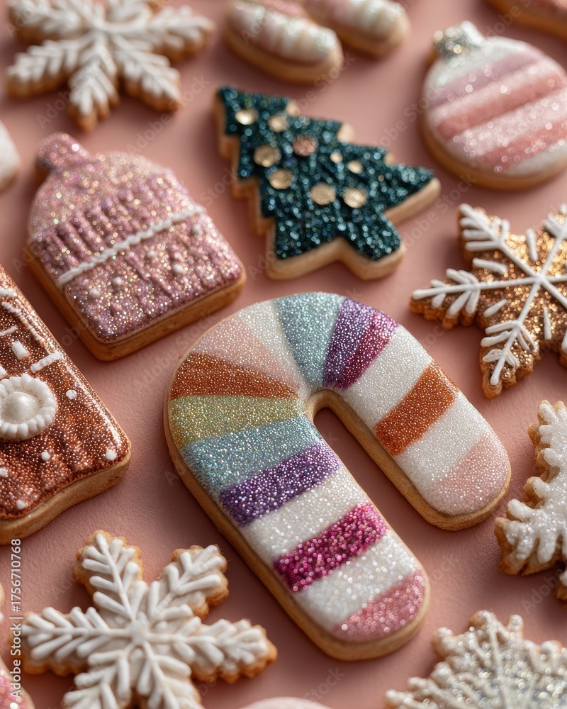 Fototapeta premium Colorful Christmas Cookies with Glitter and Festive Shapes