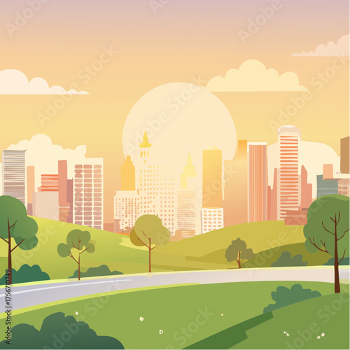 cityscape at sunrise morning landscaped vector illustration graphic design