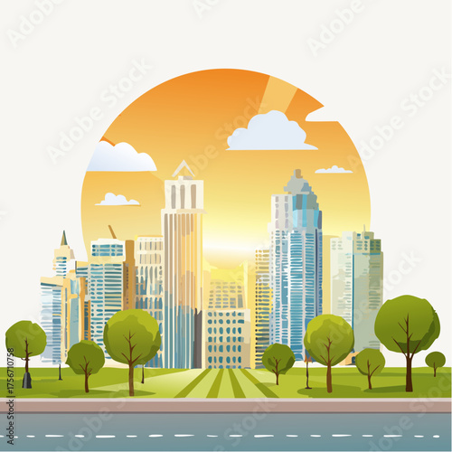 cityscape at sunrise morning landscaped vector illustration graphic design