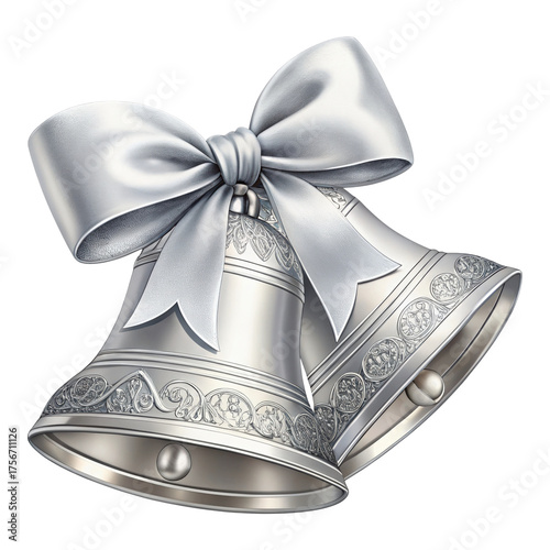 Silver Bells With Ribbon Illustration Metallic Shiny Christmas Celebration Bells Decoration