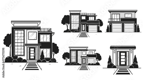 Contemporary House Silhouette Icon – High-Quality Vector Illustration of Modern Residential Exterior with Clean Lines, Large Windows, and Landscaped Front Yard