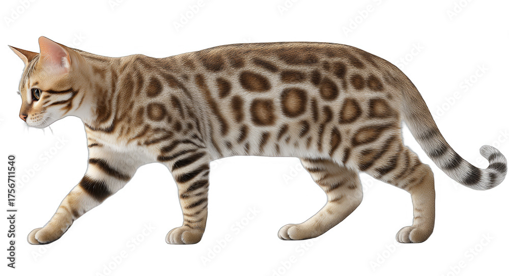 Naklejka premium A Bengal cat with distinctive spotted coat is depicted walking, showcasing its unique fur pattern and graceful movement.