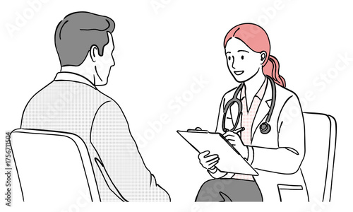 患者に問診・診察をする女性医師の線画イラスト,医療,病院,カウンセリング,相談