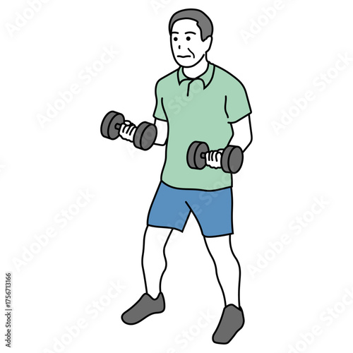 ダンベルで筋トレをするシニア男性のイラスト
