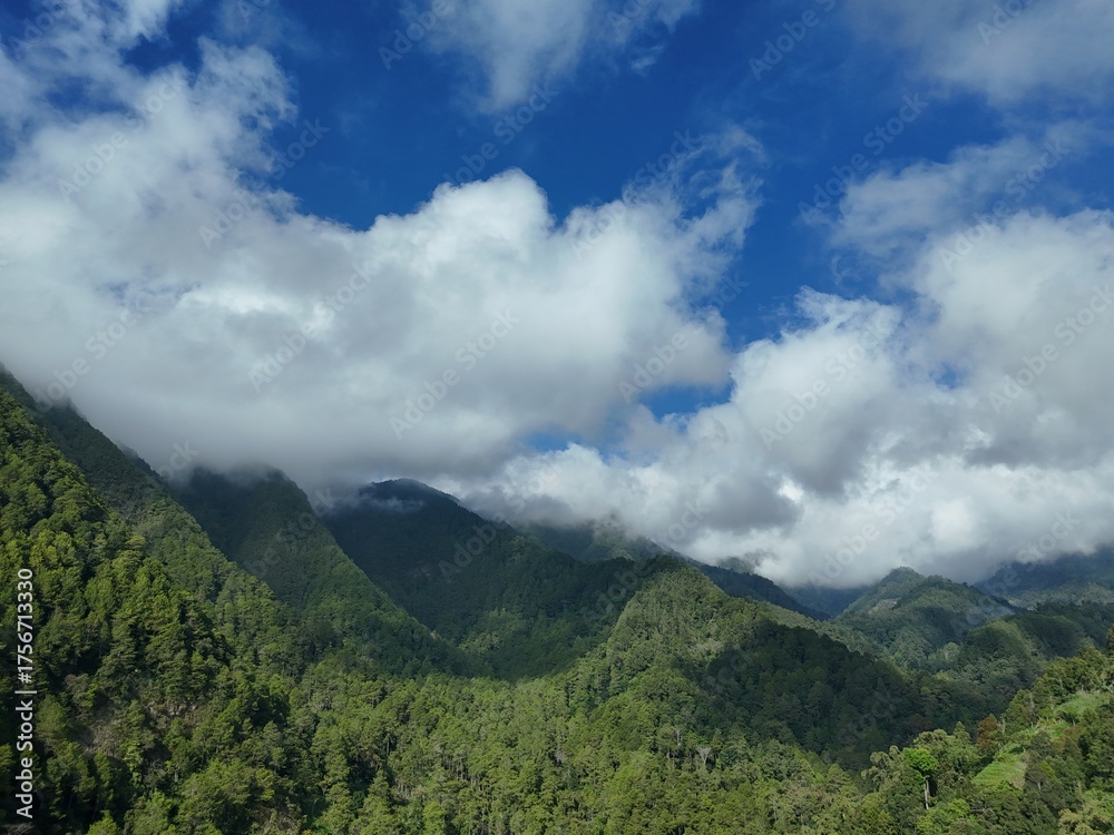 Obraz premium Aerial view of a lush green mountain covered with dense tropical forest under a bright blue sky and low clouds.