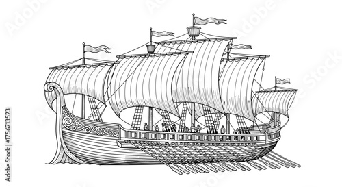 An intricately drawn illustration of a large sailing ship with multiple masts and sails billowing in the wind.