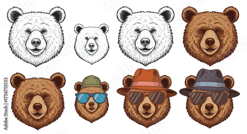 Collection of bear faces with different styles and accessories.