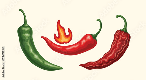 Three peppers including a red one with flames above it.