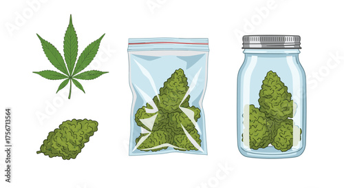 Green cannabis leaf buds in a plastic bag and glass jar ready for use.