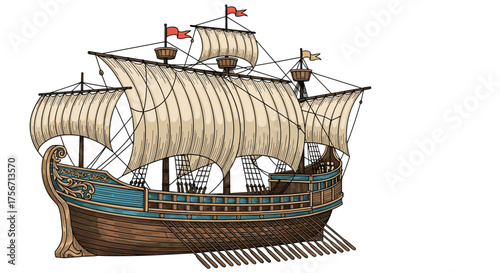 Explore the majestic historical sailing ship of the ancient era.