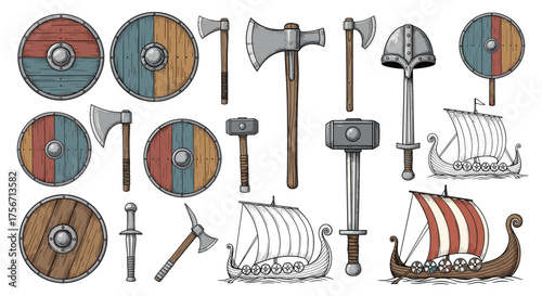 A collection of viking battle axes shields and longships.