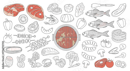 A collection of various food illustrations including raw meat fish and vegetables.