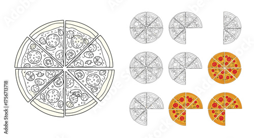 Visualizing pizza slices and their fractional representations in a clear and engaging manner.
