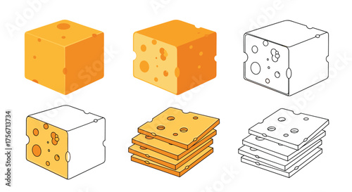 Illustrations of cheese cubes and slices in various styles.