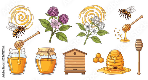 Beautiful collection of honey bees and beehive illustrations.