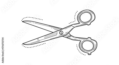 Close up view of a pair of open scissors with dotted lines indicating movement.