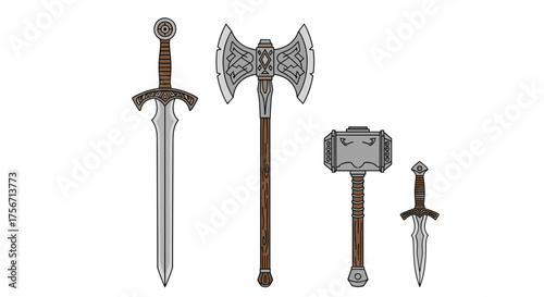 Collection of medieval fantasy weapons including a sword axe and hammer.