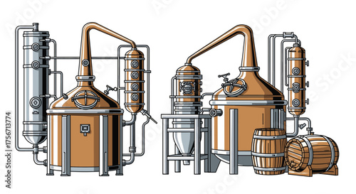 Two copper pot stills and distillation apparatus for spirit production.