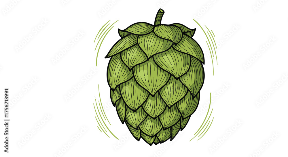Fototapeta premium Illustration of a green hop cone with radiating lines indicating movement.