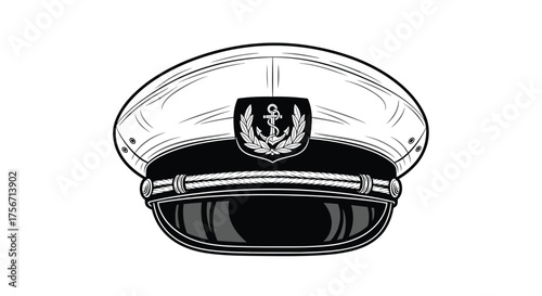 A detailed drawing of a captain's hat with an anchor emblem.