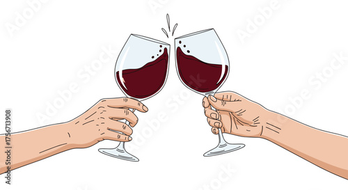 Two hands clinking glasses of red wine in celebration.