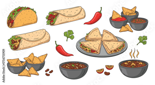 A delicious assortment of popular Mexican food items is shown.