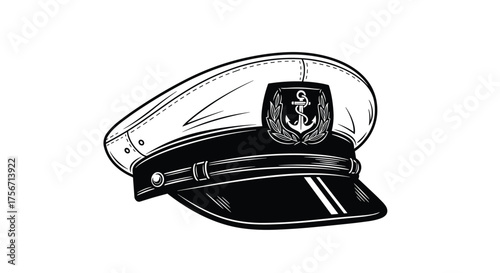 A white captain's hat with a black brim and a navy emblem.