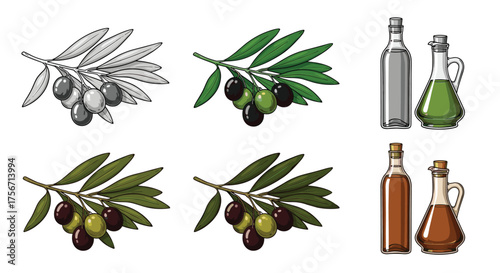 Olive oil bottles and branches with olives in different artistic styles.