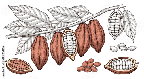 Cocoa pods growing on a branch with leaves and beans