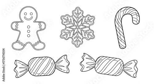 Festive holiday treats including a gingerbread man snowflake and candy cane.