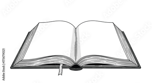 An open blank book with a bookmark rests on a table.