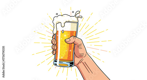A hand is holding a frothy glass of golden beer during a celebration.