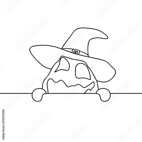 Outline for Coloring of Halloween pumpkin funny and cute peeks out behind the wall. One of the symbols of the autumn holiday. Vector Illustration.