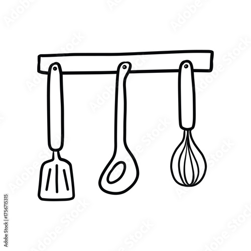 Hanging Kitchen Utensils Set Line Art