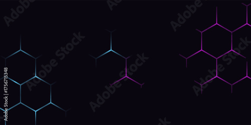 Dark hexagon abstract technology background with blue and pink colored bright flashes under hexagon. Hexagonal gaming vector abstract tech background.