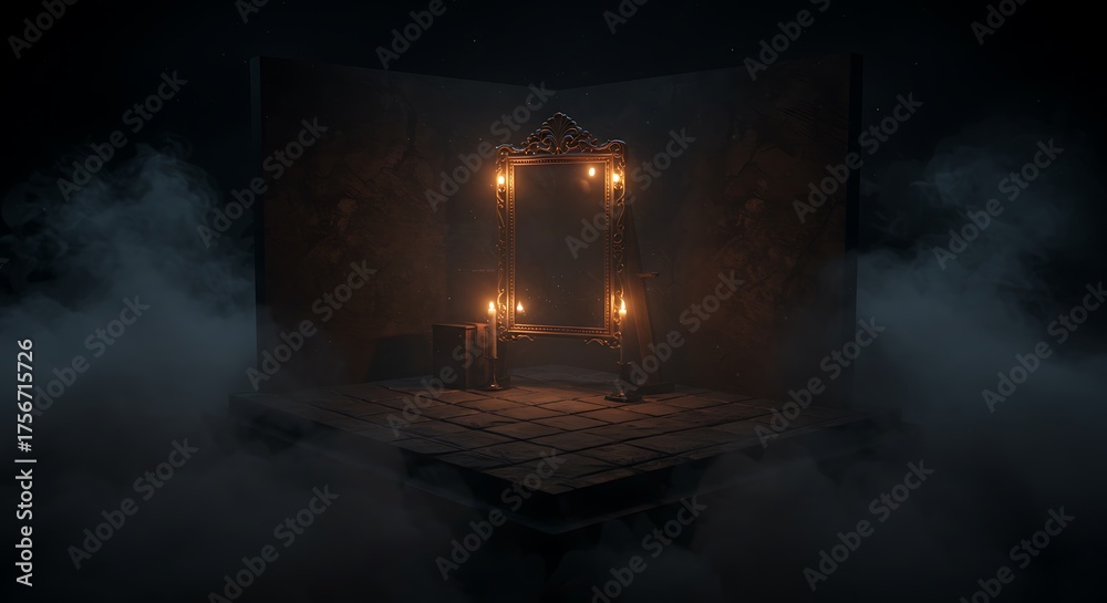 Obraz premium Empty square dark room with magical antique mirror. Night view of the room, fantasy. Dark abstract background with a square mirror. smoke, smog.
