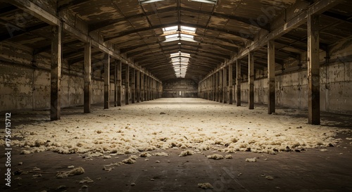 Empty square room  with Abandoned slaughter warehouse with sheep wool on the floor
