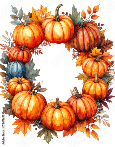 Pumpkin Wreath with Leaves – Watercolor Clipart