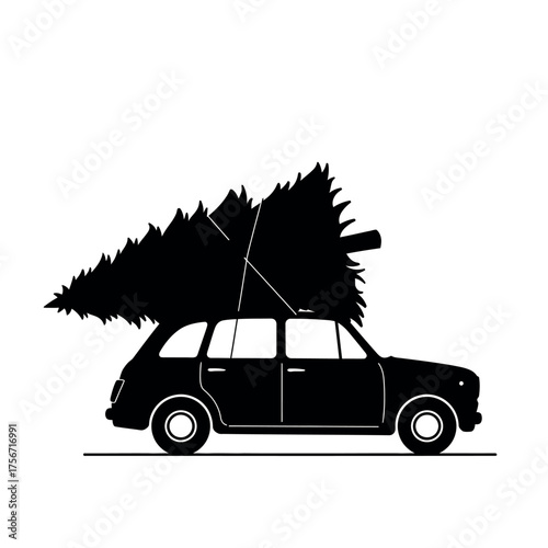 Car carrying Christmas tree silhouette illustration.