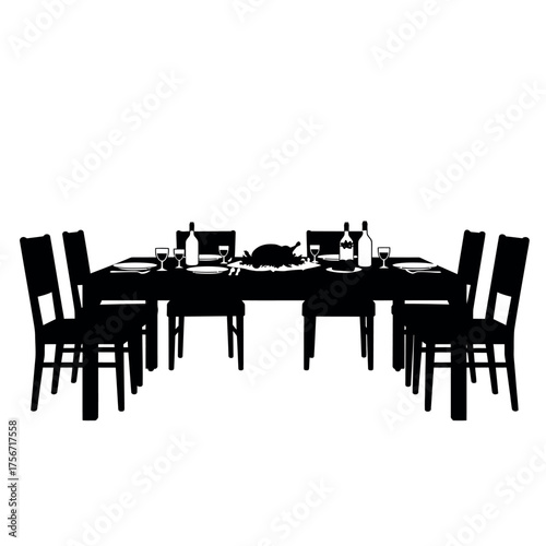Silhouette of a formal dining table set for a holiday feast.