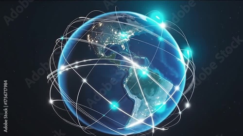 Global Network: A luminous digital network surrounds the earth, symbolizing global interconnectedness, communication, and the vast reach of information technology. 