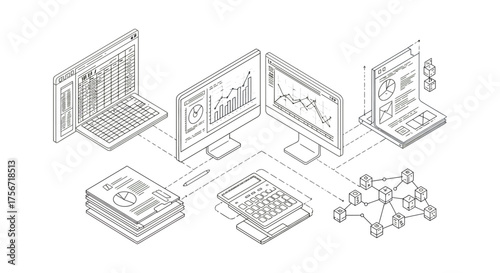 business process automation showing data analysis reports  blockchain connectivity for workflow management and strategic planning ideal for tech presentations
